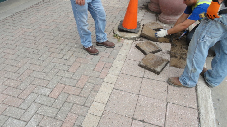 3 members of Brick Pavers Construction laying down bricks for the implementation of a brick sidewalk