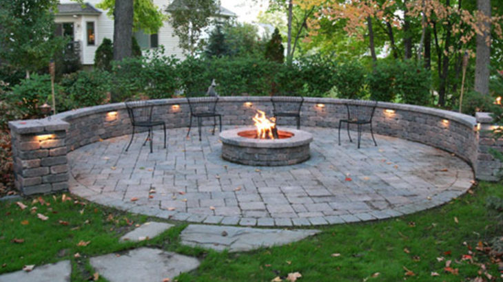 Brick paved surface and outdoor fireplace